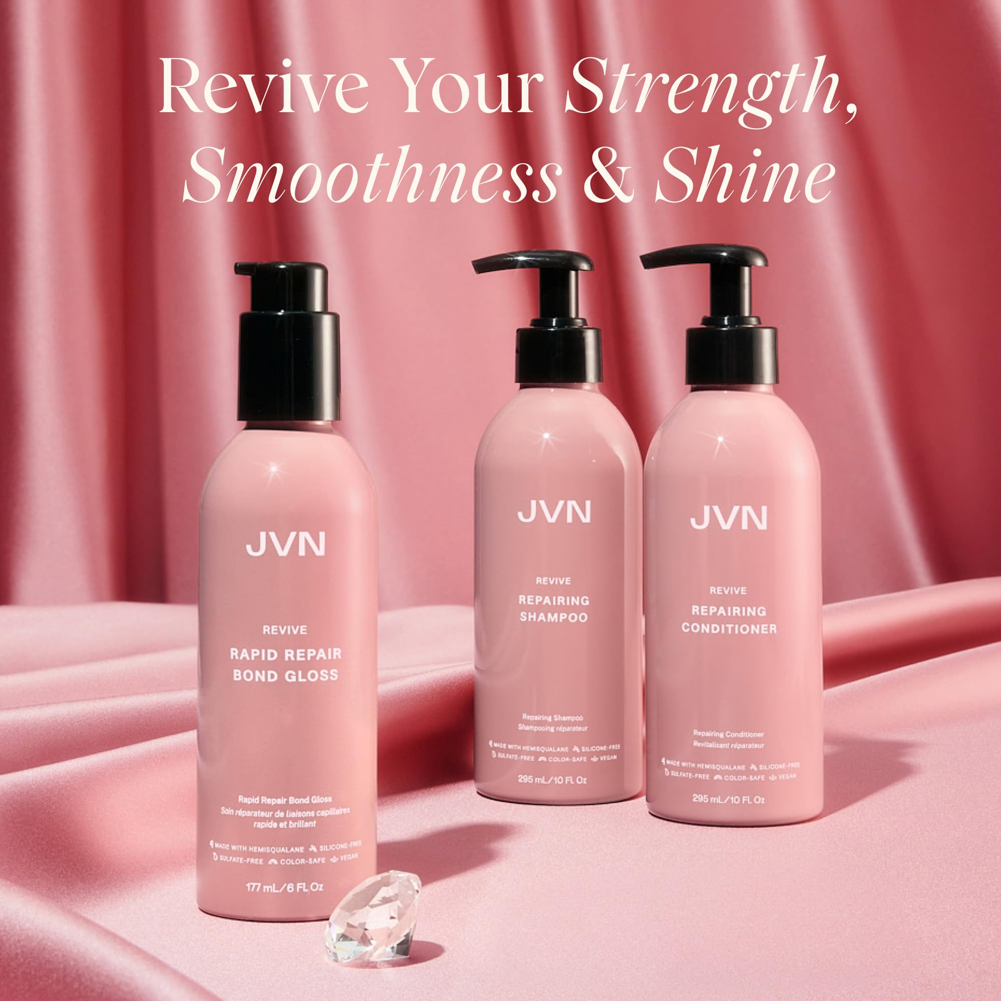 JVN Revive Repairing Conditioner bottle demonstrating detangling and strengthening for damaged hair