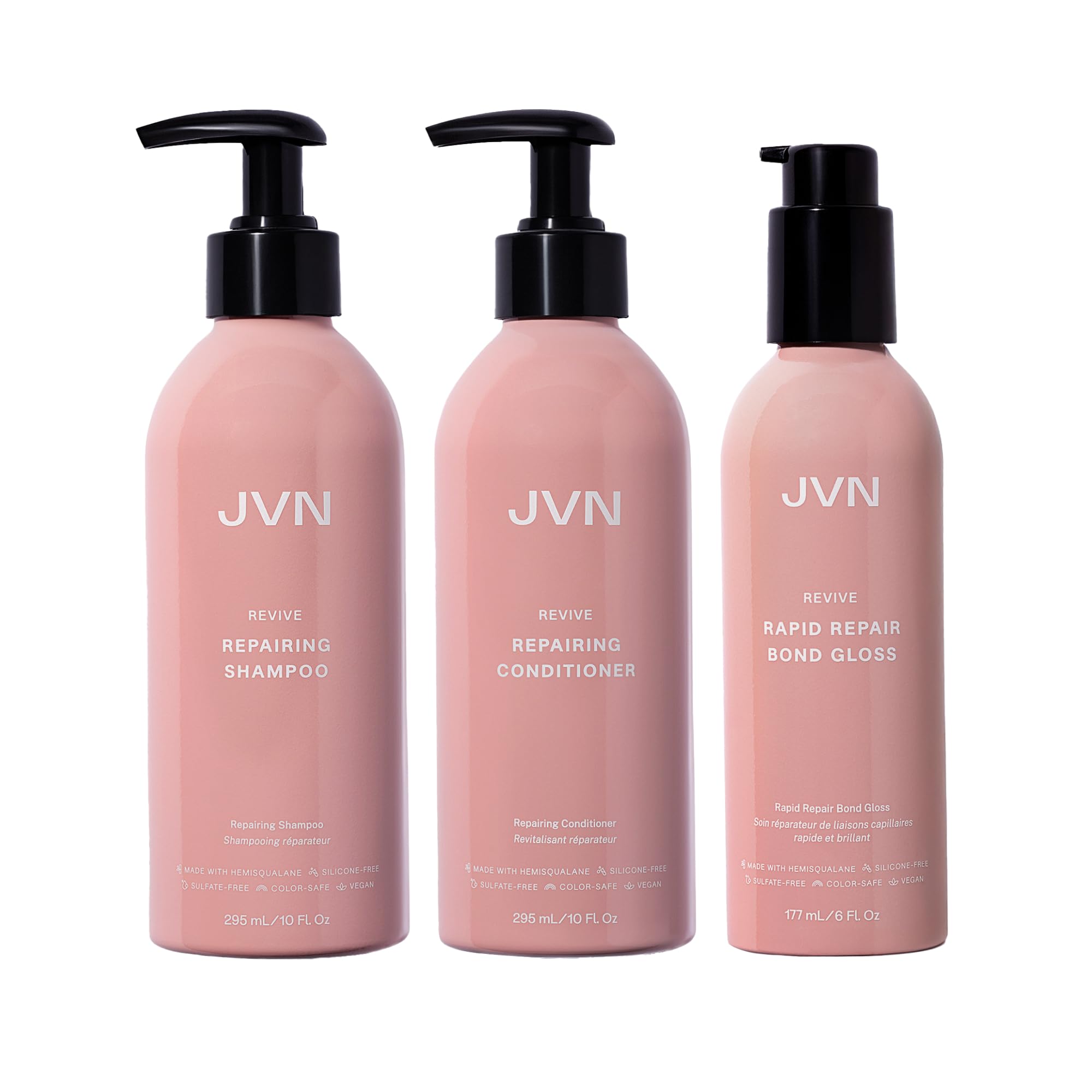 JVN Revive Repairing Shampoo bottle showing color safe cleansing for damaged hair