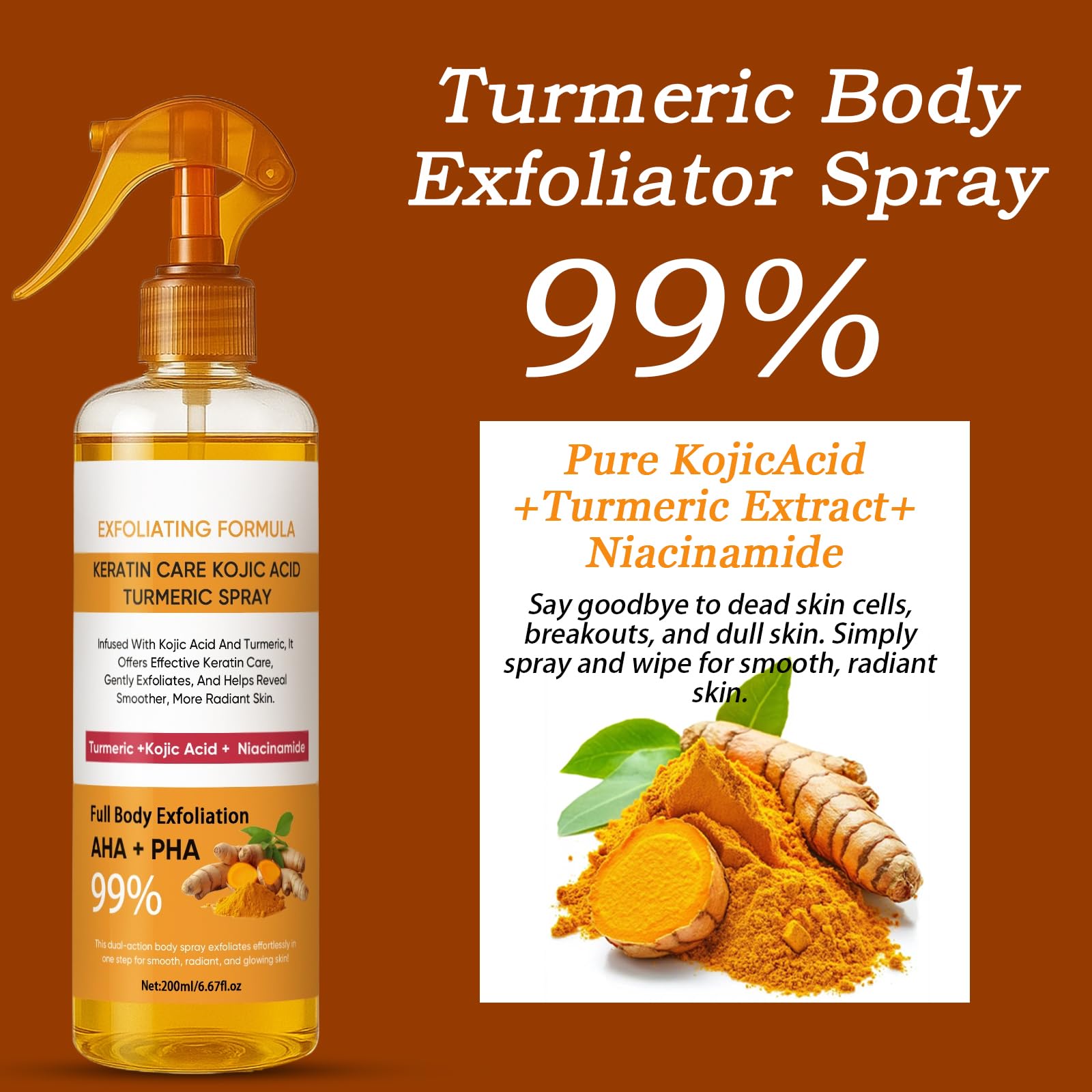 JXSVR Body Turmeric Spray angled bottle shows convenient mist nozzle for easy application.