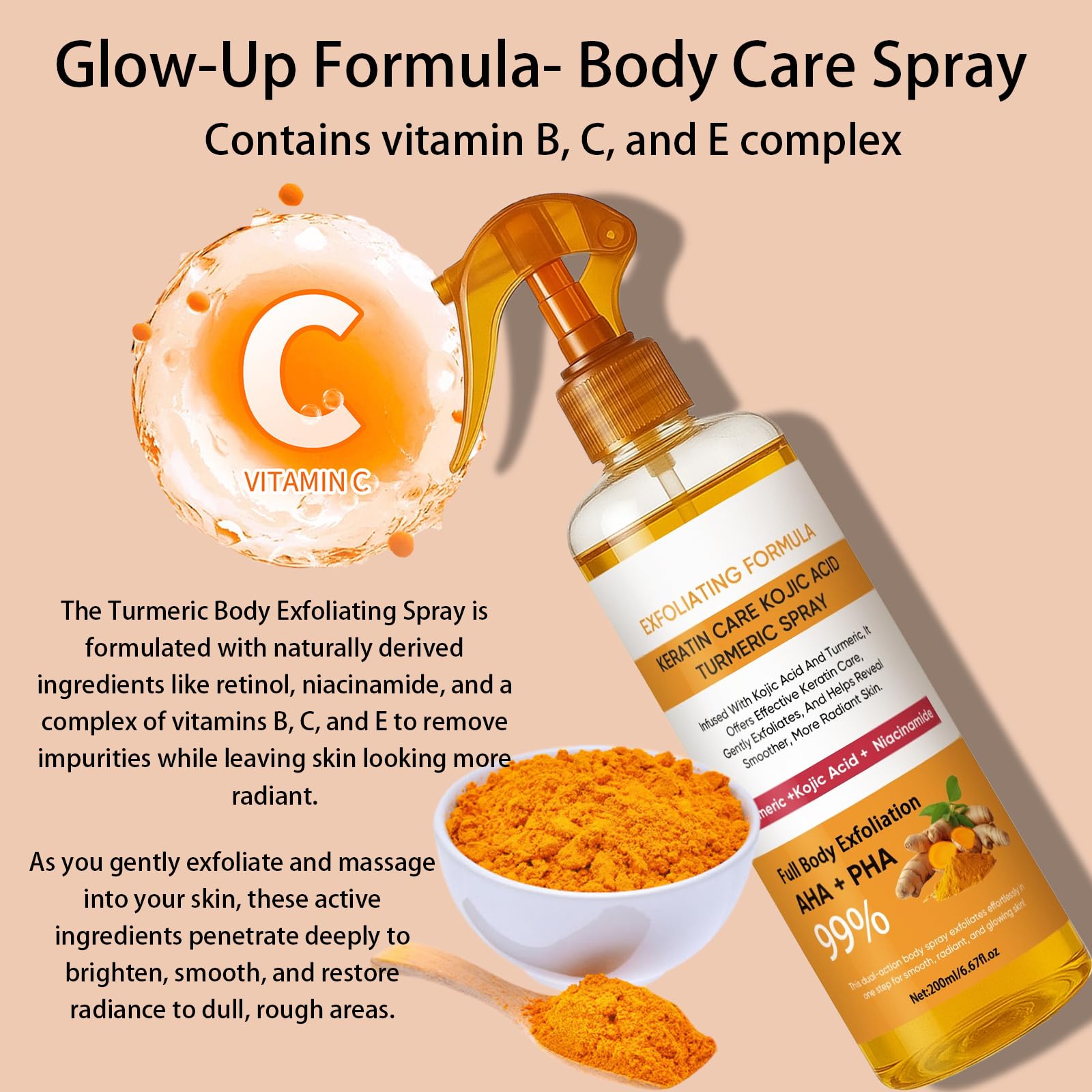 JXSVR Turmeric spray mist close-up showing even coverage on skin.