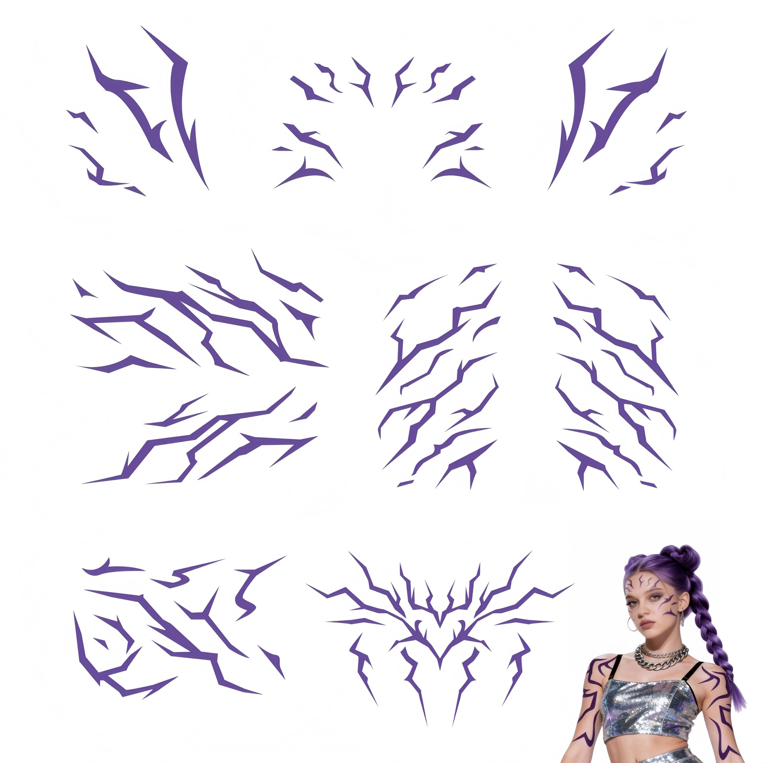 JYOVQXF purple Rumi tattoo sheet on the face for bold cosplay inspiration.