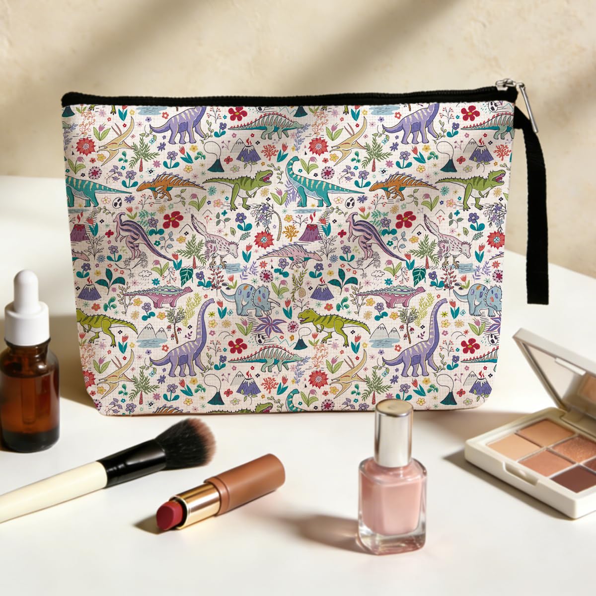Jztco Dinosaur Cosmetic Bag side view shows compact 24x20 cm size.