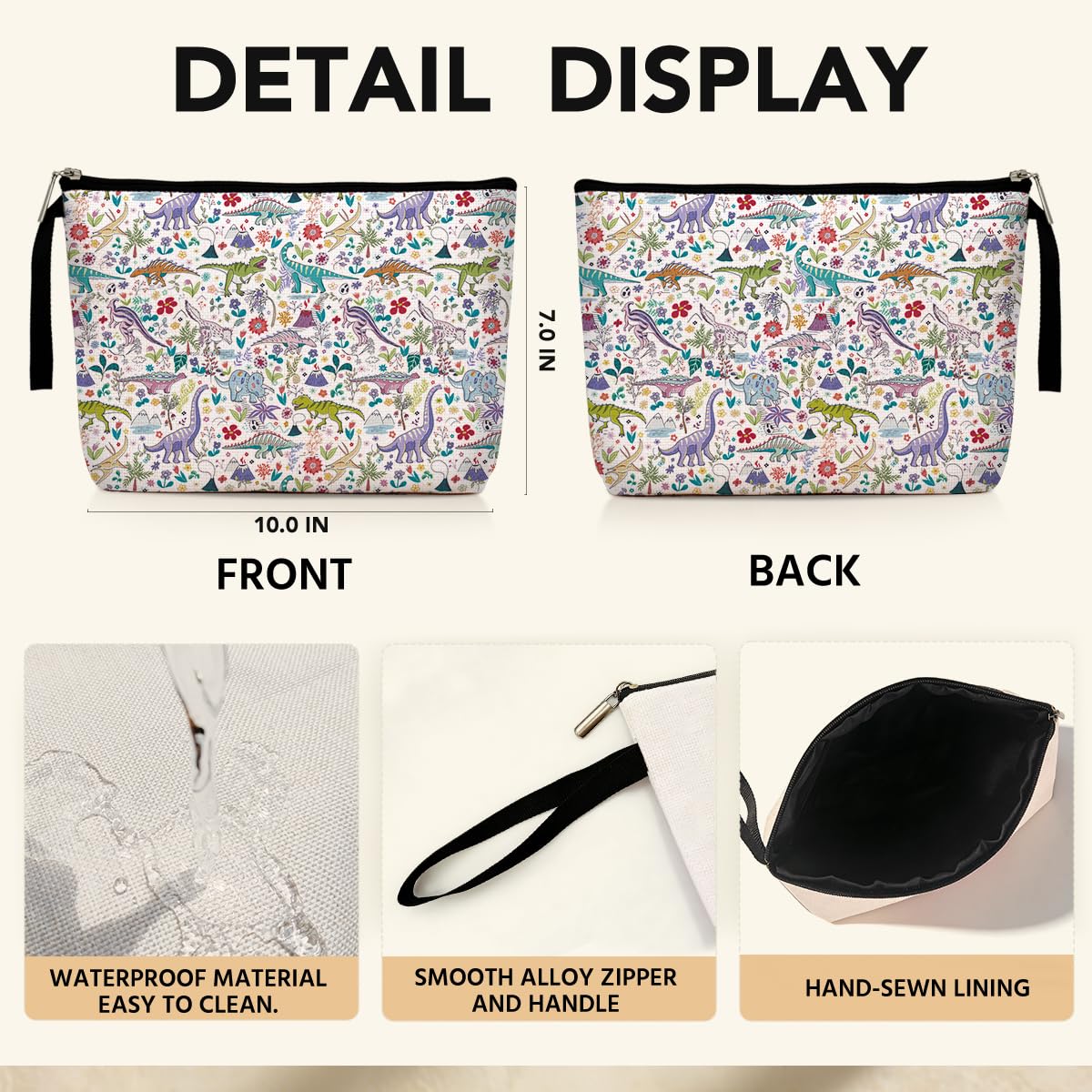 Jztco Dinosaur Cosmetic Bag zipper closure keeps items secure during travel.