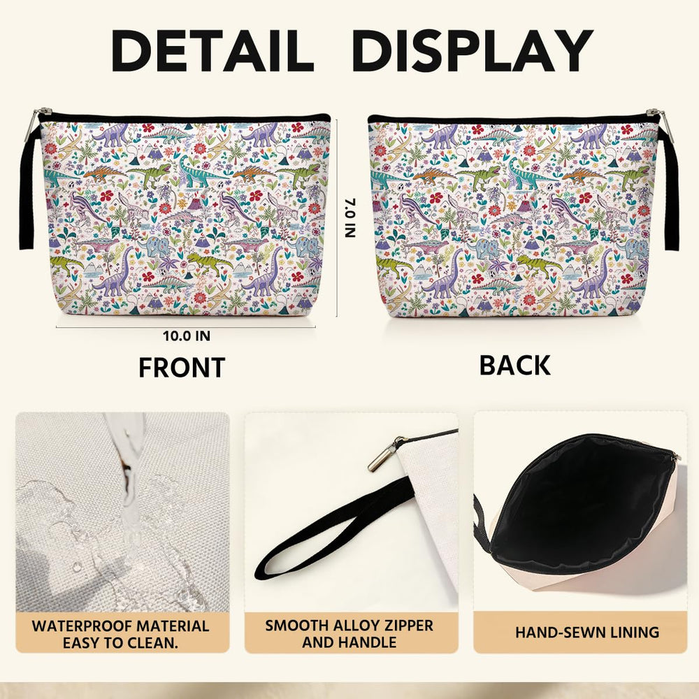 Jztco Dinosaur Cosmetic Bag zipper closure keeps items secure during travel.