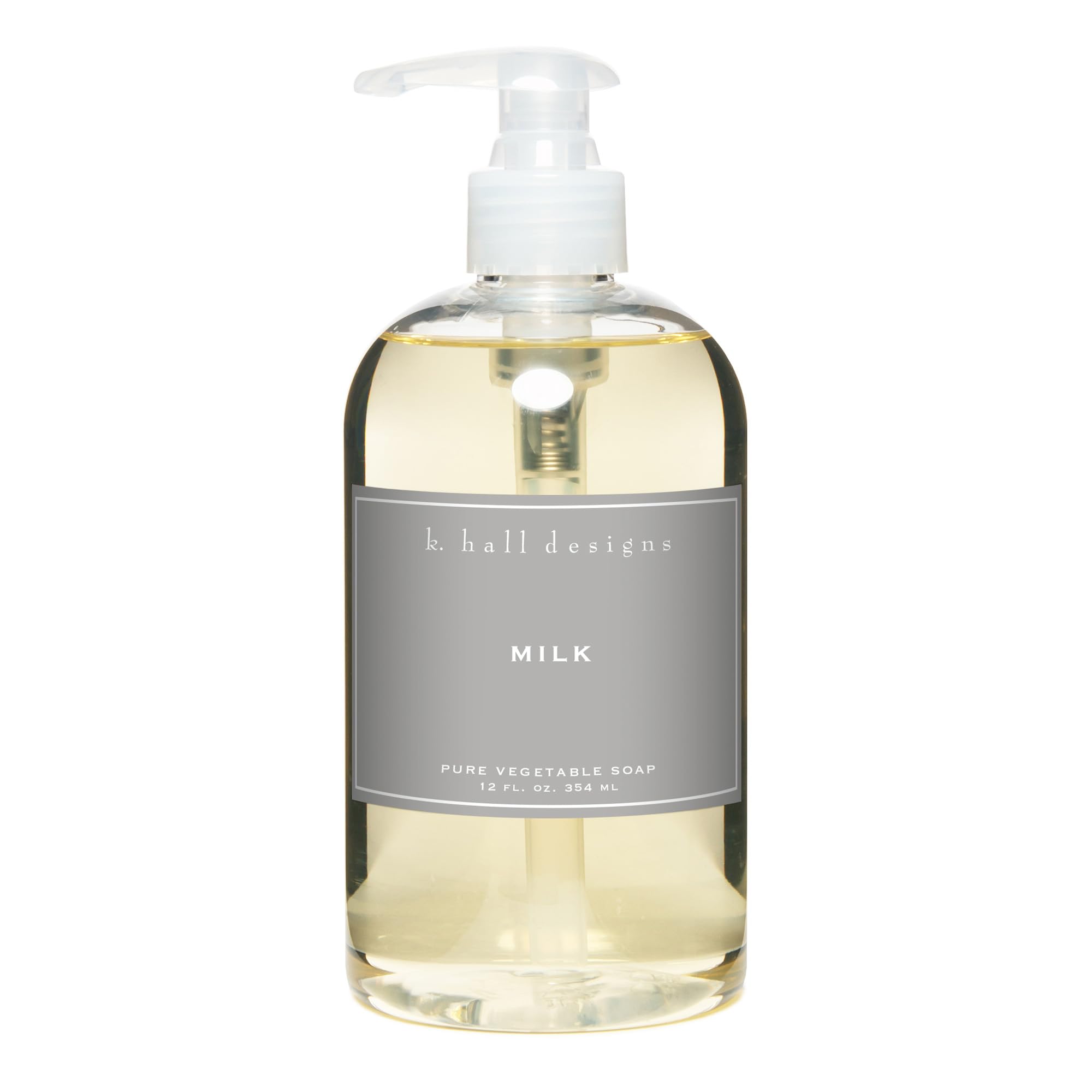 K. Hall Designs Milk liquid hand soap bottle with soothing coconut-vanilla aroma for daily handwashing.