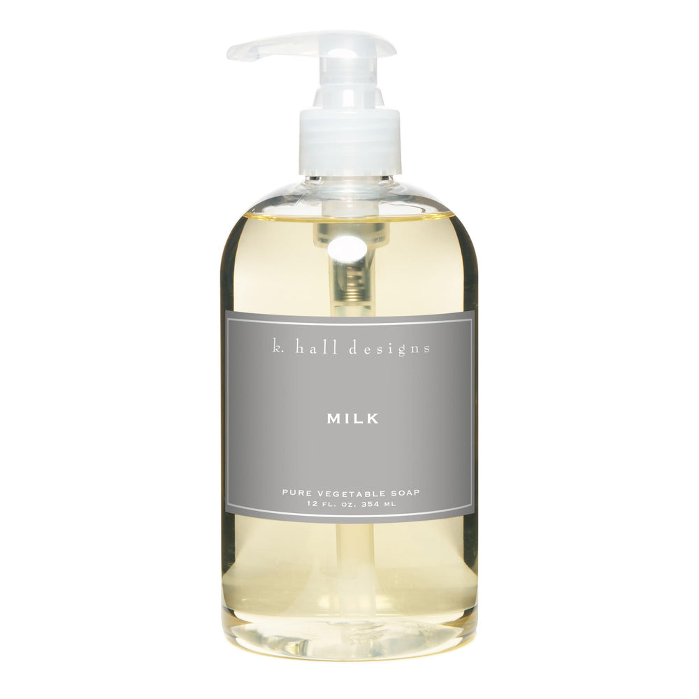 K. Hall Designs Milk liquid hand soap bottle with soothing coconut-vanilla aroma for daily handwashing.