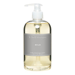 K. Hall Designs Milk liquid hand soap bottle with soothing coconut-vanilla aroma for daily handwashing.