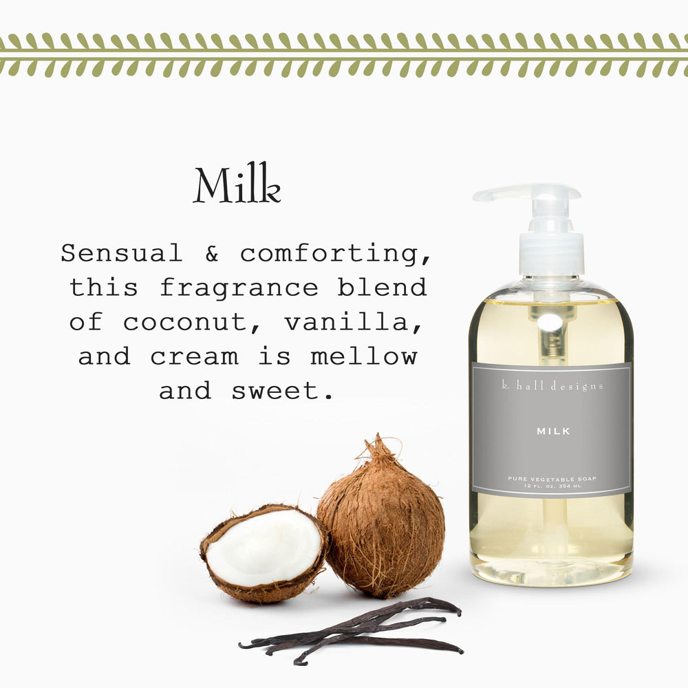 K. Hall Designs Milk hand soap label close-up highlights clean, recyclable packaging.