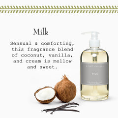 K. Hall Designs Milk hand soap label close-up highlights clean, recyclable packaging.