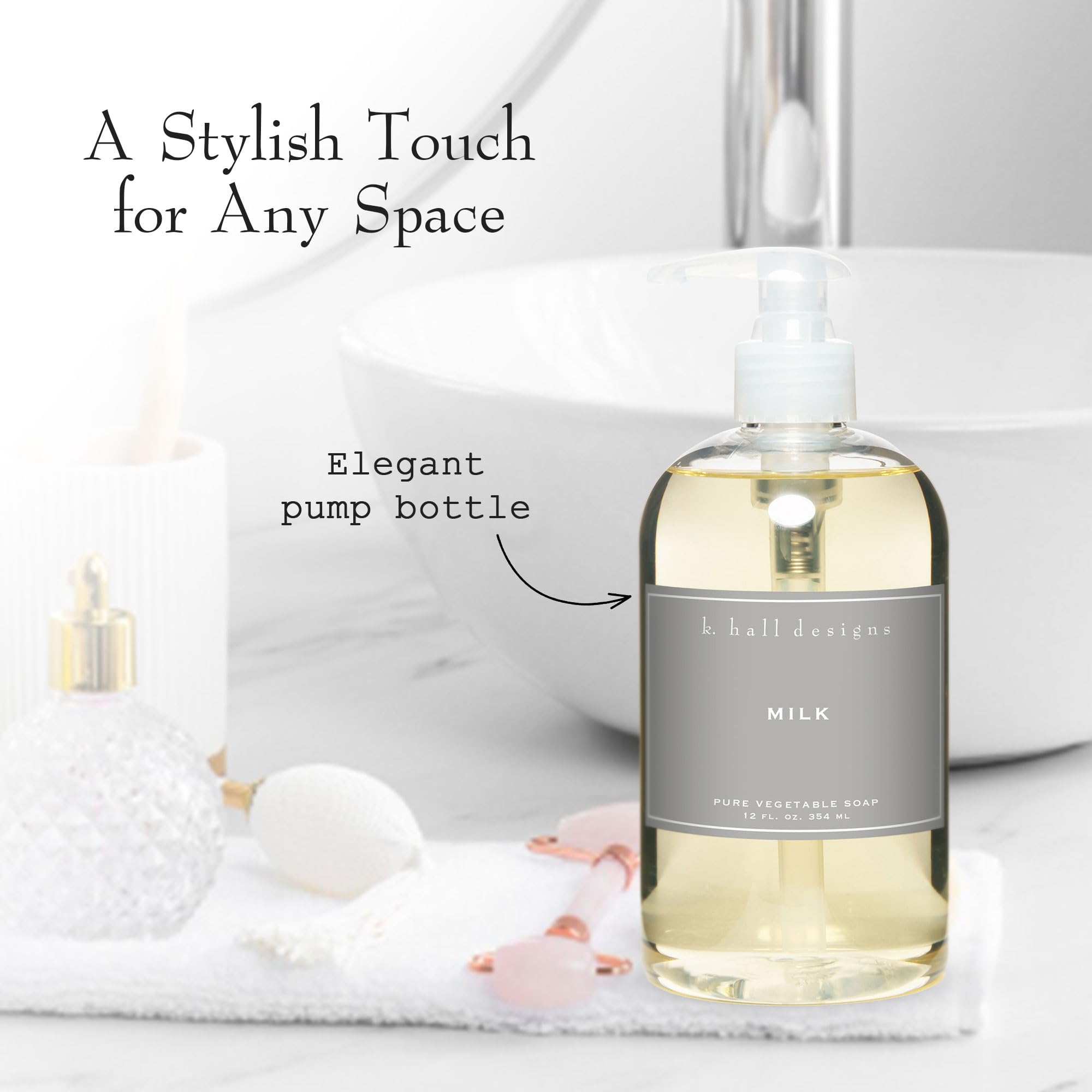 K. Hall Designs Milk liquid soap pour demonstrates light scent release during use.
