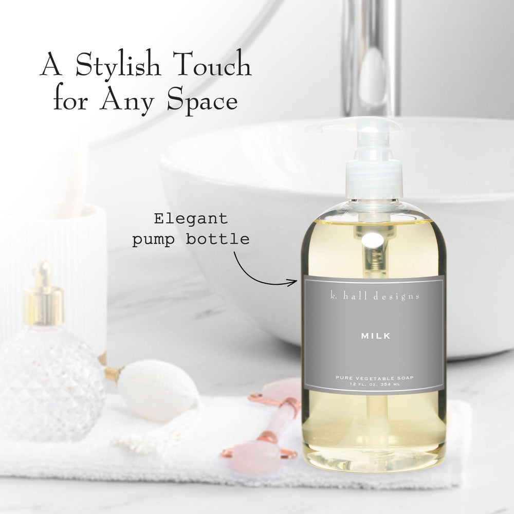 K. Hall Designs Milk liquid soap pour demonstrates light scent release during use.