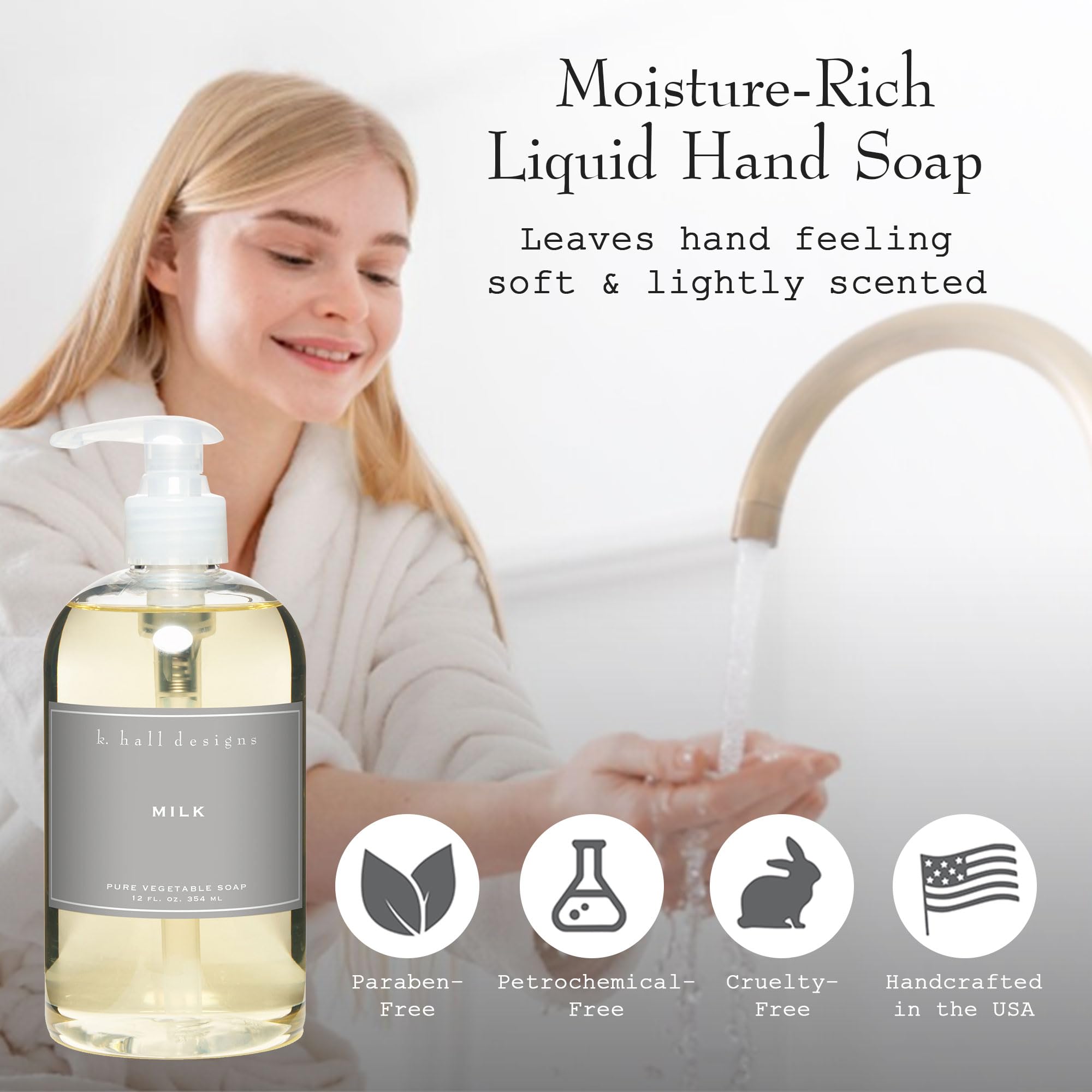 K. Hall Designs Milk hand soap pump dispenses gentle lather in kitchen and bath.