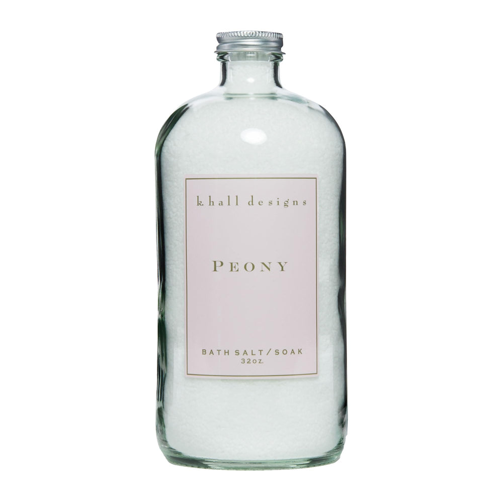 K. Hall Designs Peony Bath Salt Soak jar close-up with vitamin E for nourished skin.