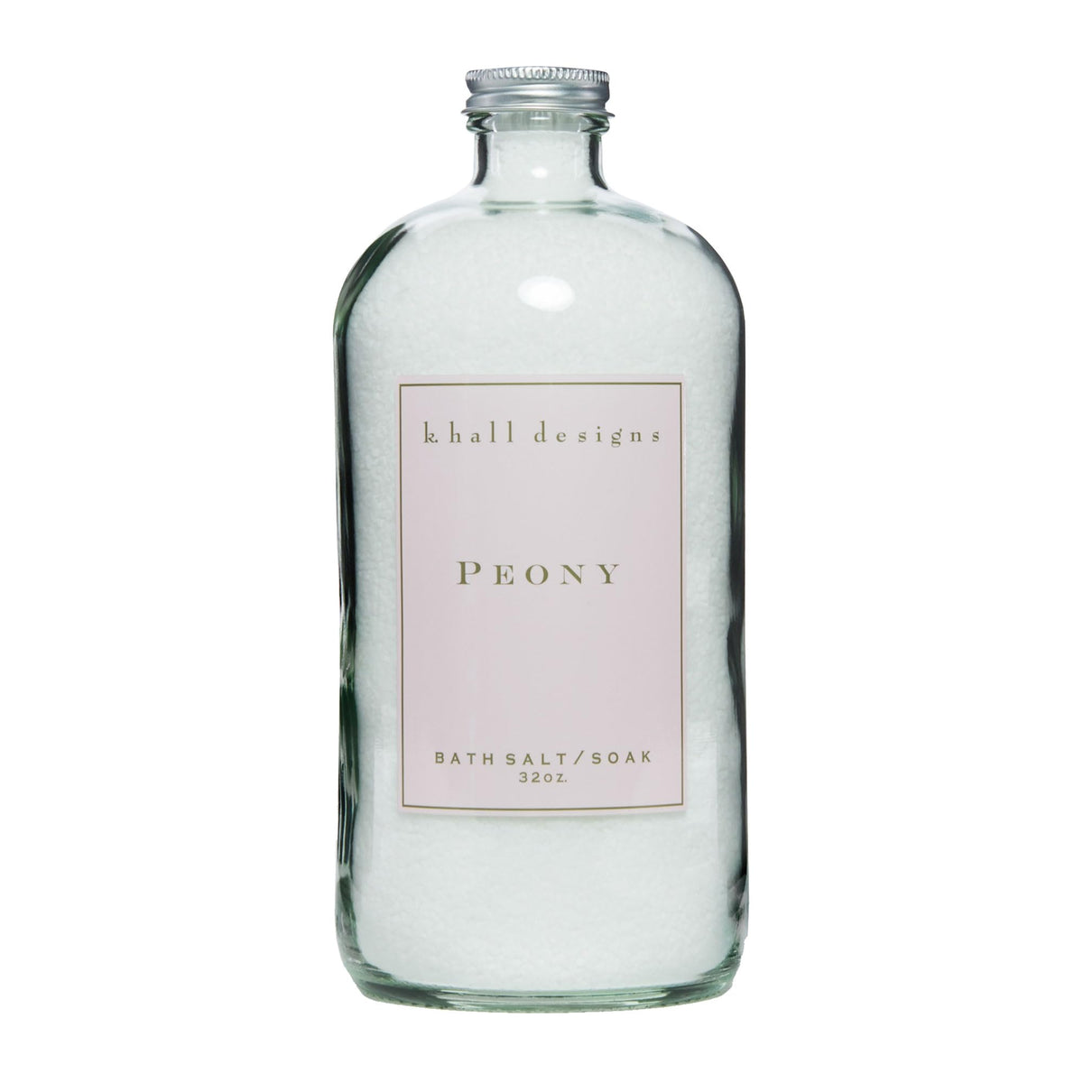 K. Hall Designs Peony Bath Salt Soak jar close-up with vitamin E for nourished skin.