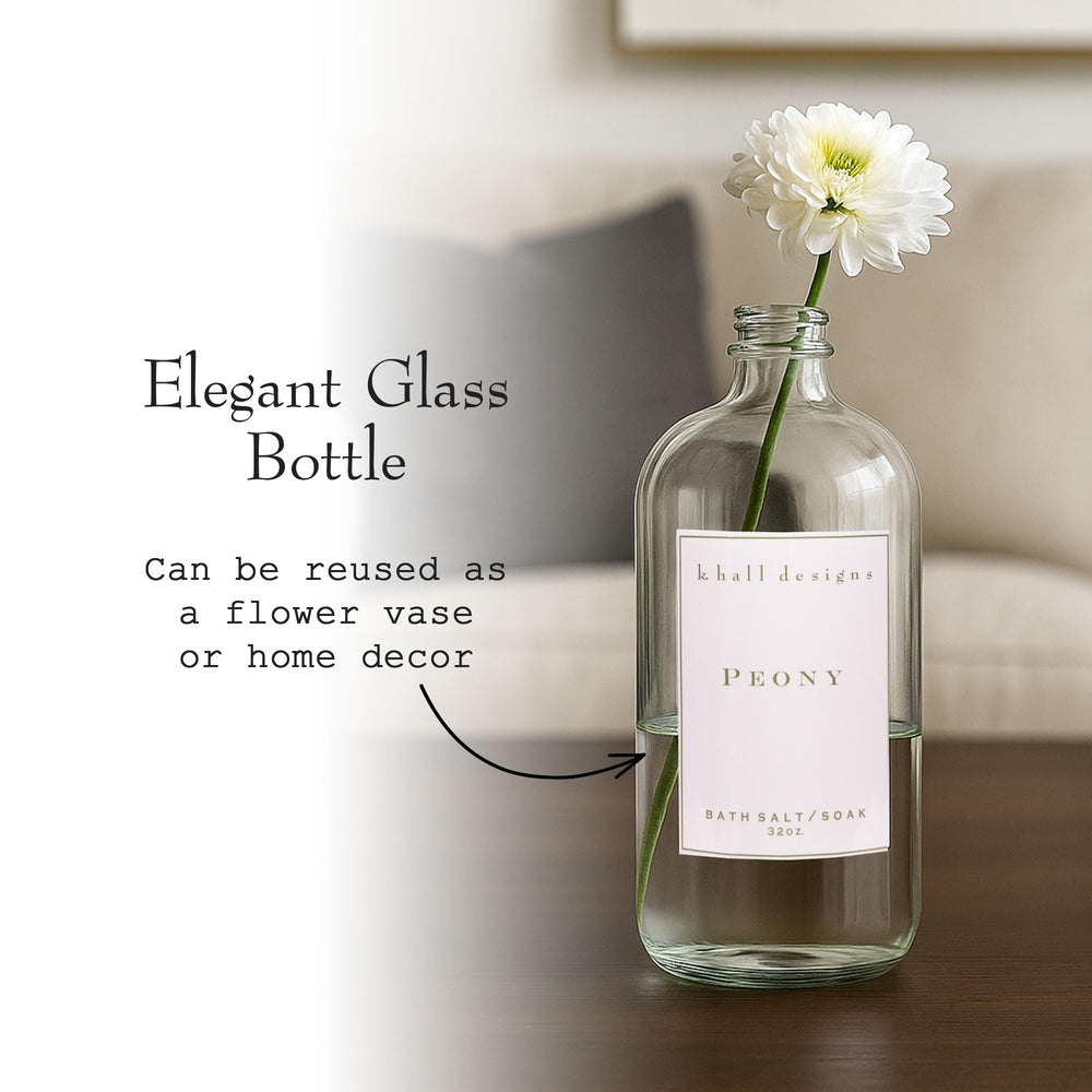 K. Hall Designs Peony Bath Salt Soak Made in USA label emphasizes quality craftsmanship.