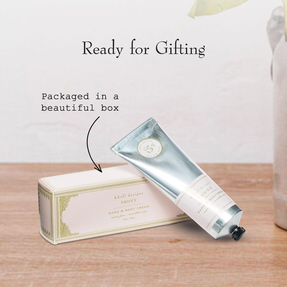 Peony hand cream label detail showing plant-based ingredients.