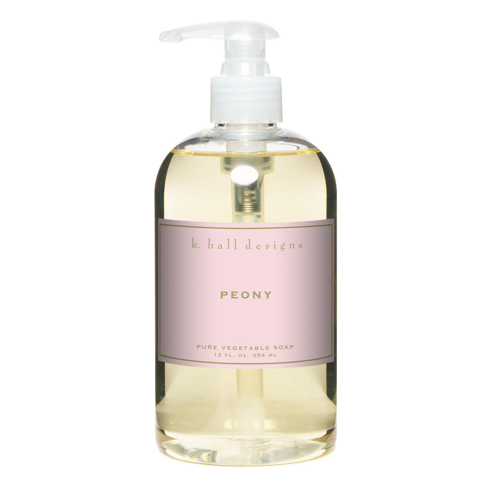 K. Hall Designs Peony liquid hand soap bottle with delicate fragrance and elegant packaging