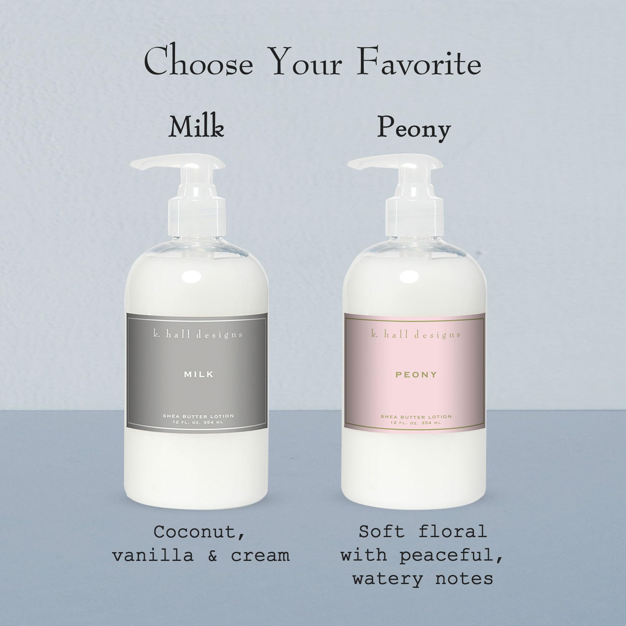 K. Hall Designs Peony lotion gift-ready bottle for vanity or bath