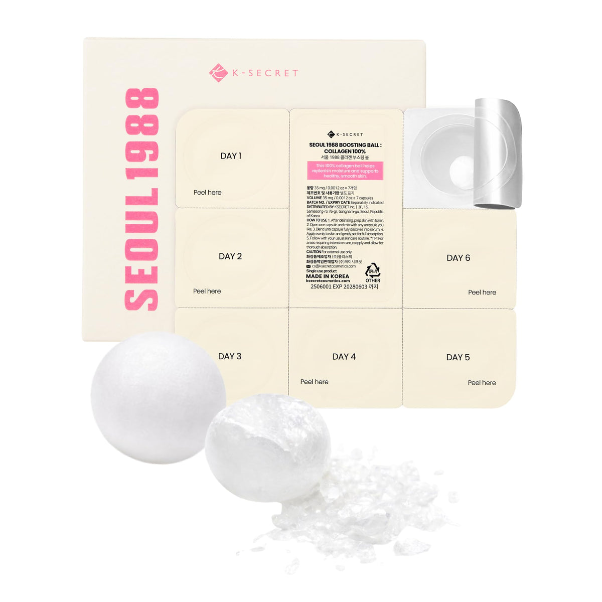 K-SECRET SEOUL 1988 collagen ball freeze-dried texture for concentrated hydration.