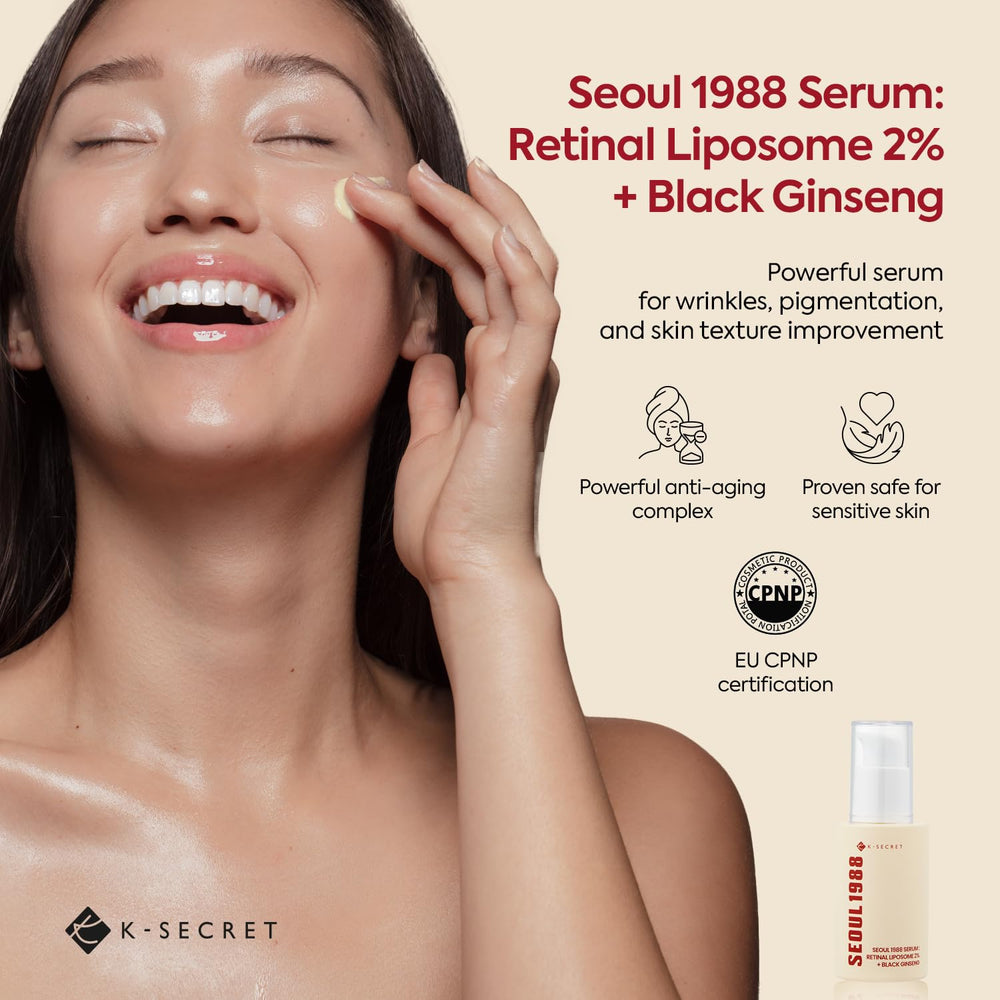 K-SECRET SEOUL 1988 Retinal Serum ingredients panel showing 2% retinal liposome for gentle renewal.