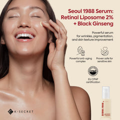 K-SECRET SEOUL 1988 Retinal Serum ingredients panel showing 2% retinal liposome for gentle renewal.