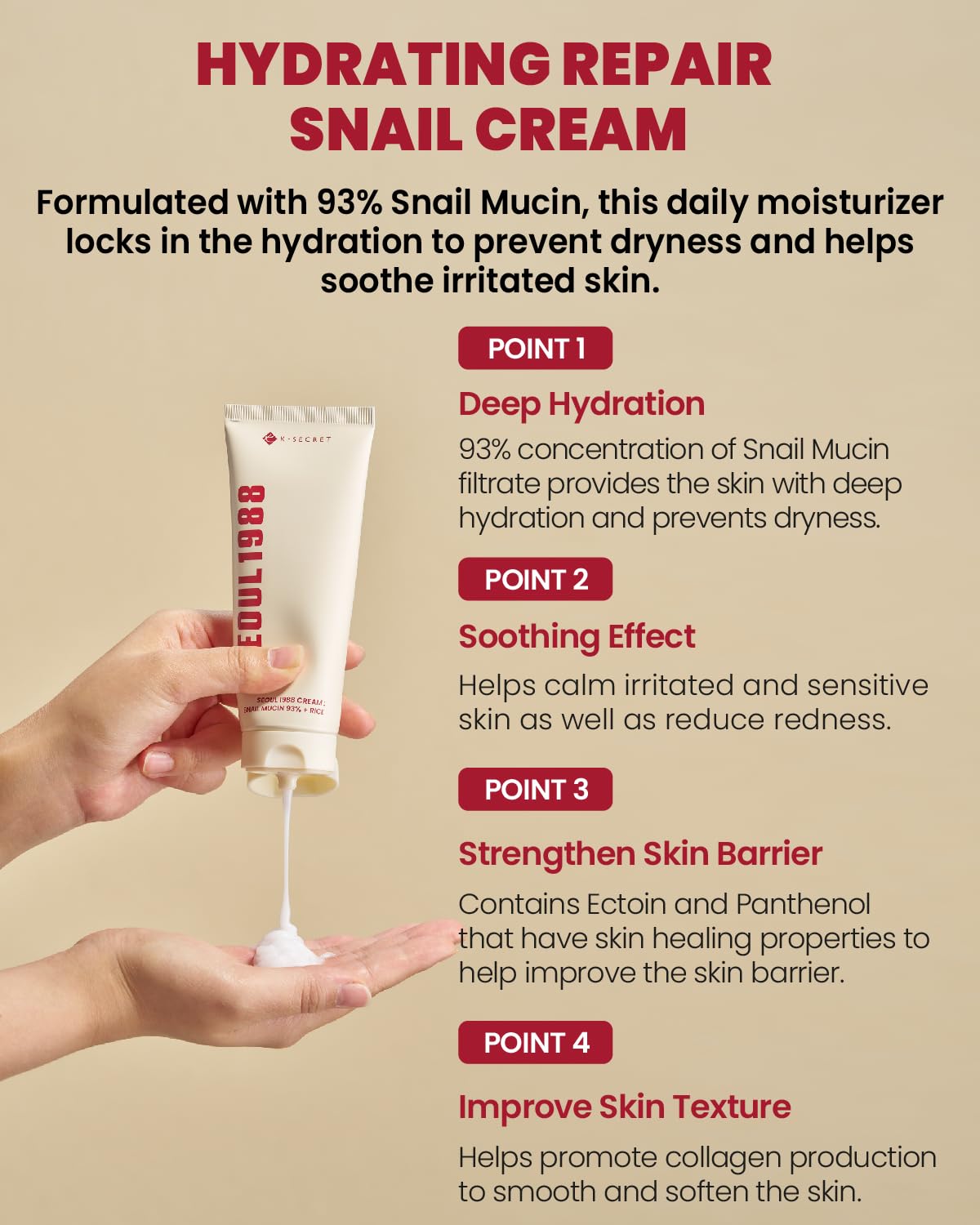 K-SECRET Seoul 1988 Snail Mucin 93% cream routine use for daily moisture