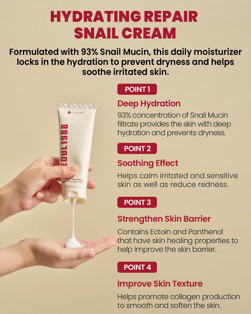 K-SECRET Seoul 1988 Snail Mucin 93% cream routine use for daily moisture