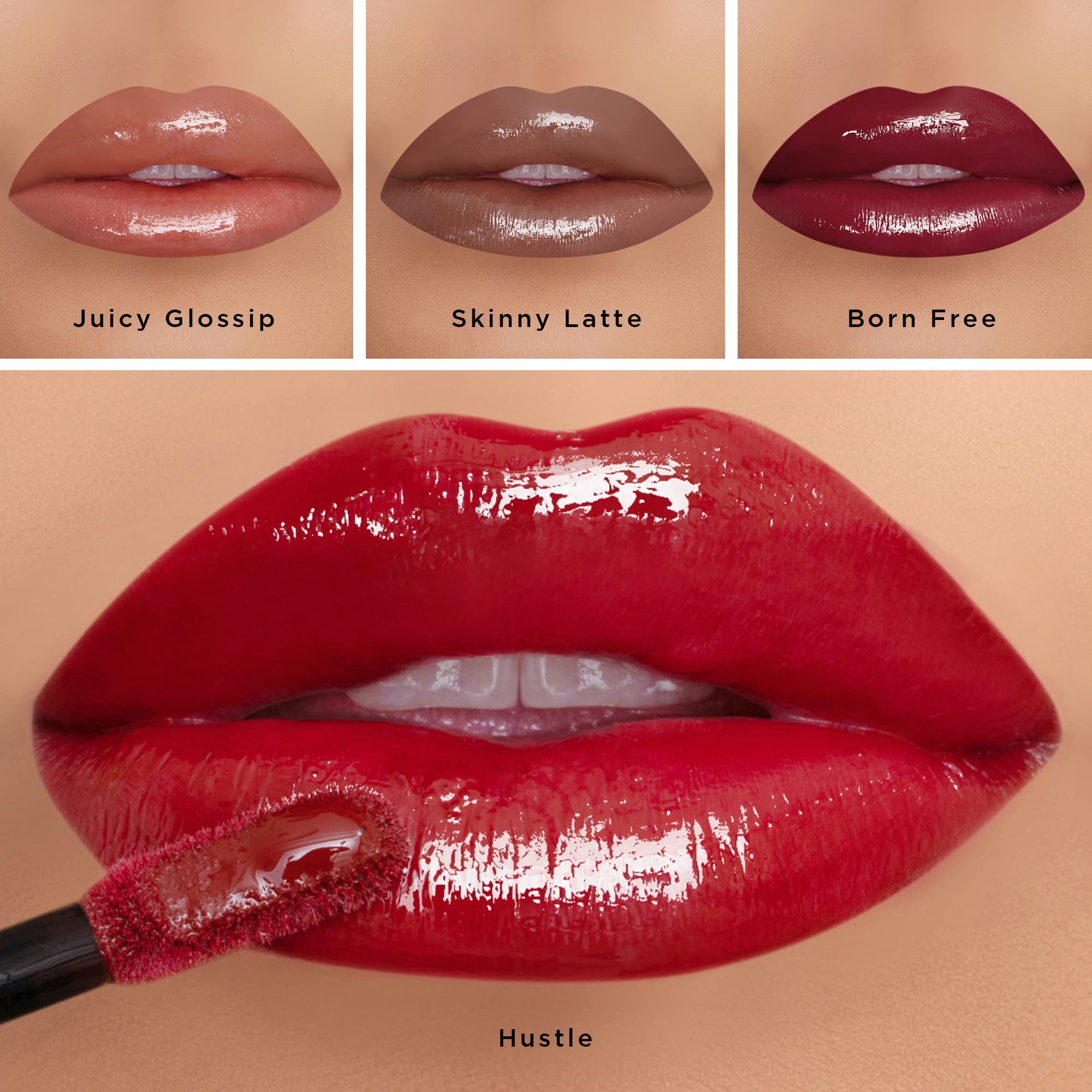 K7L Hustle applied on lips reveals glossy finish and vivid hue.