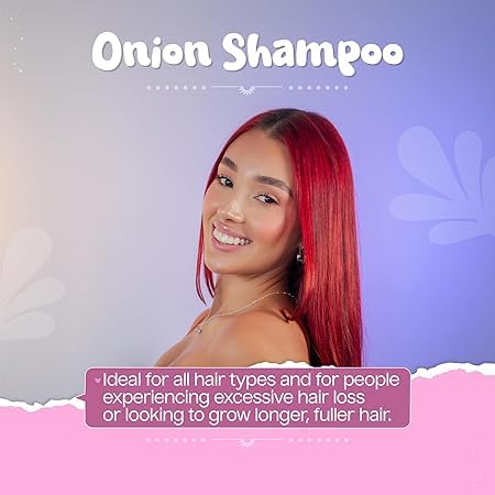 Kaba Red Onion Shampoo ingredients illustration showing natural extracts and keratin.