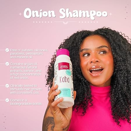 Kaba Red Onion Shampoo scalp care scene emphasizing thinning hair support.