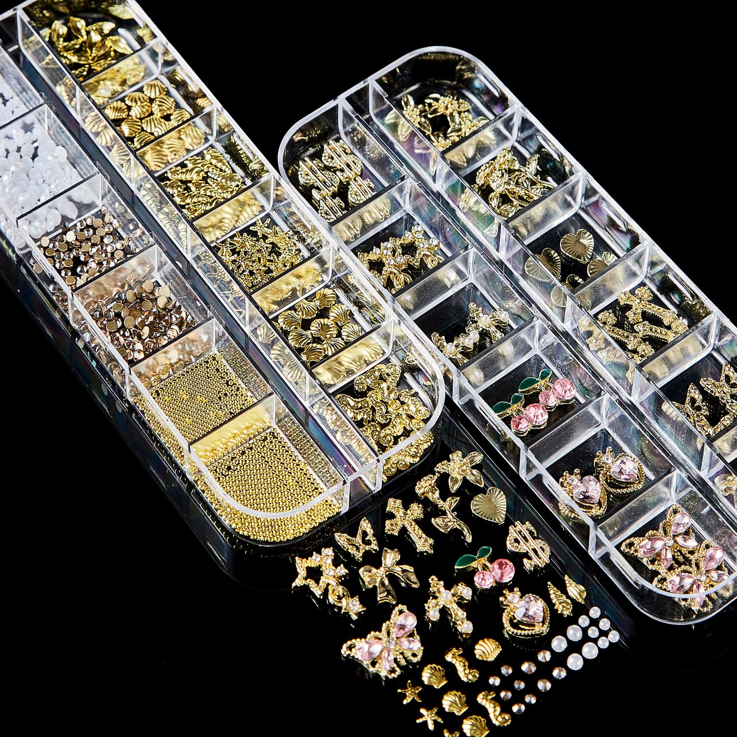 KACHIMOO nail pearls and gold mix stay shiny with proper top coat.