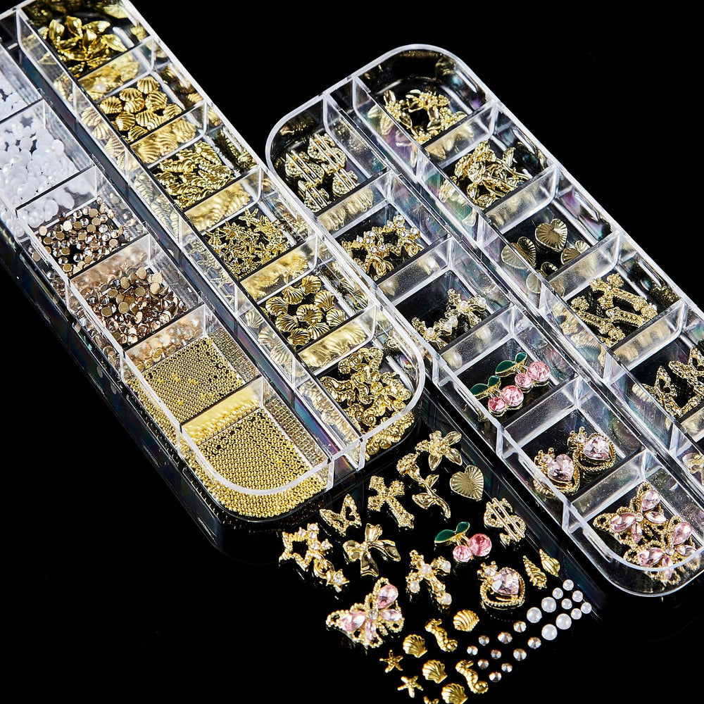 KACHIMOO nail pearls and gold mix stay shiny with proper top coat.