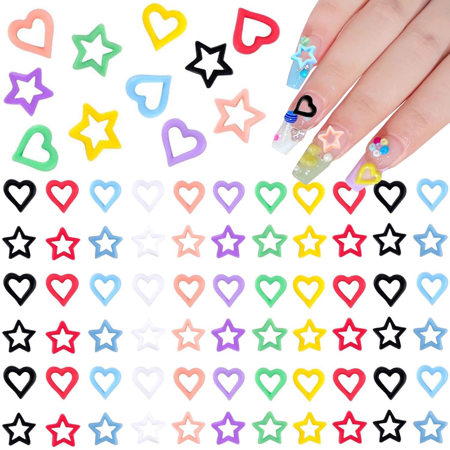KACHIMOO heart and star nail charms for DIY nail art and decoration.