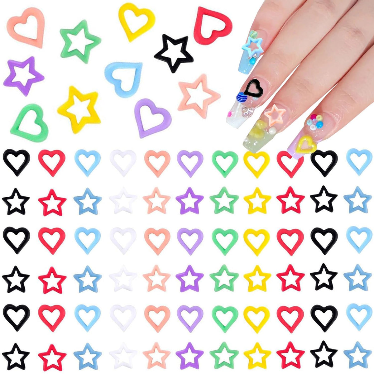 KACHIMOO heart and star nail charms for DIY nail art and decoration.