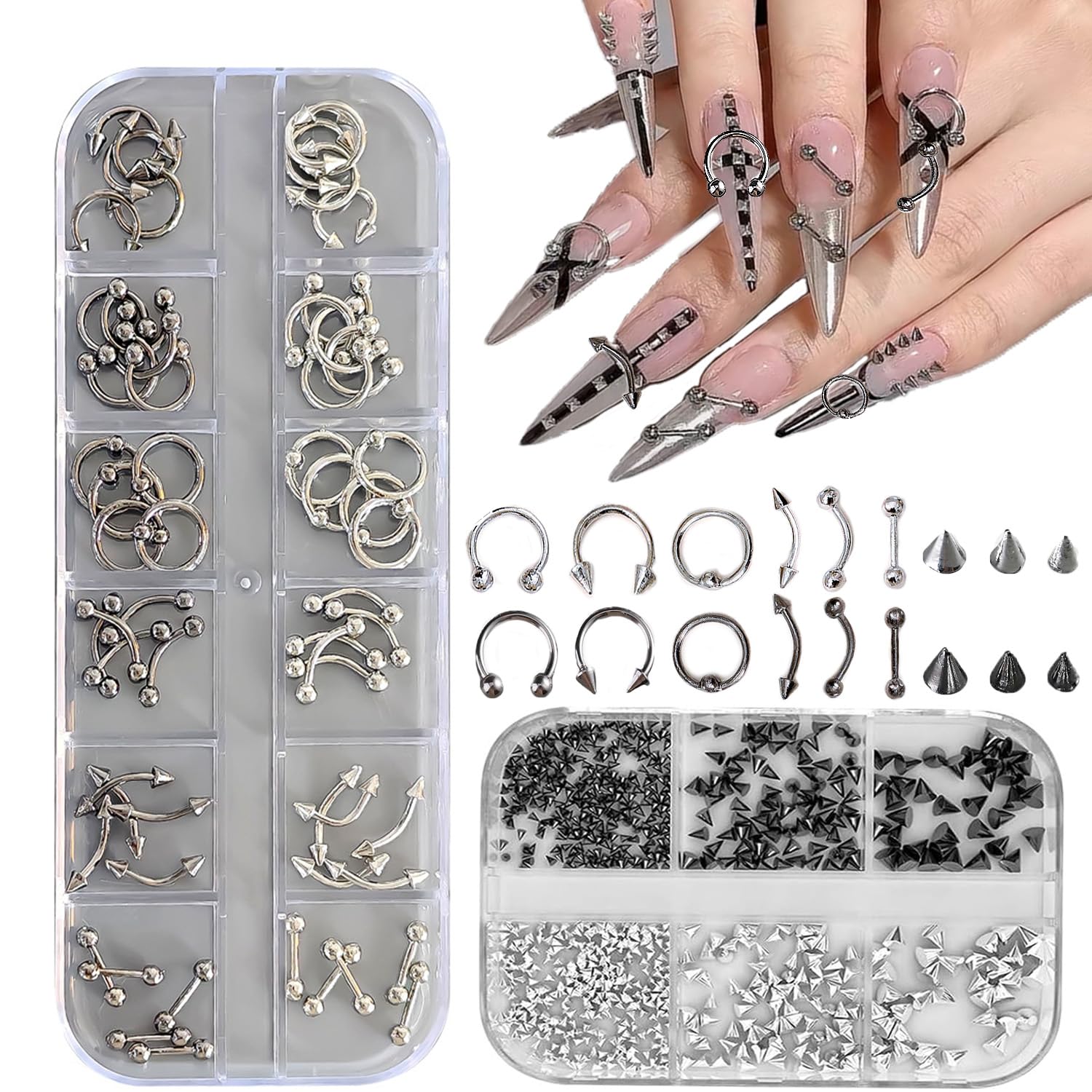 KACHIMOO nail piercing charms set in silver and black for chic punk nail art.