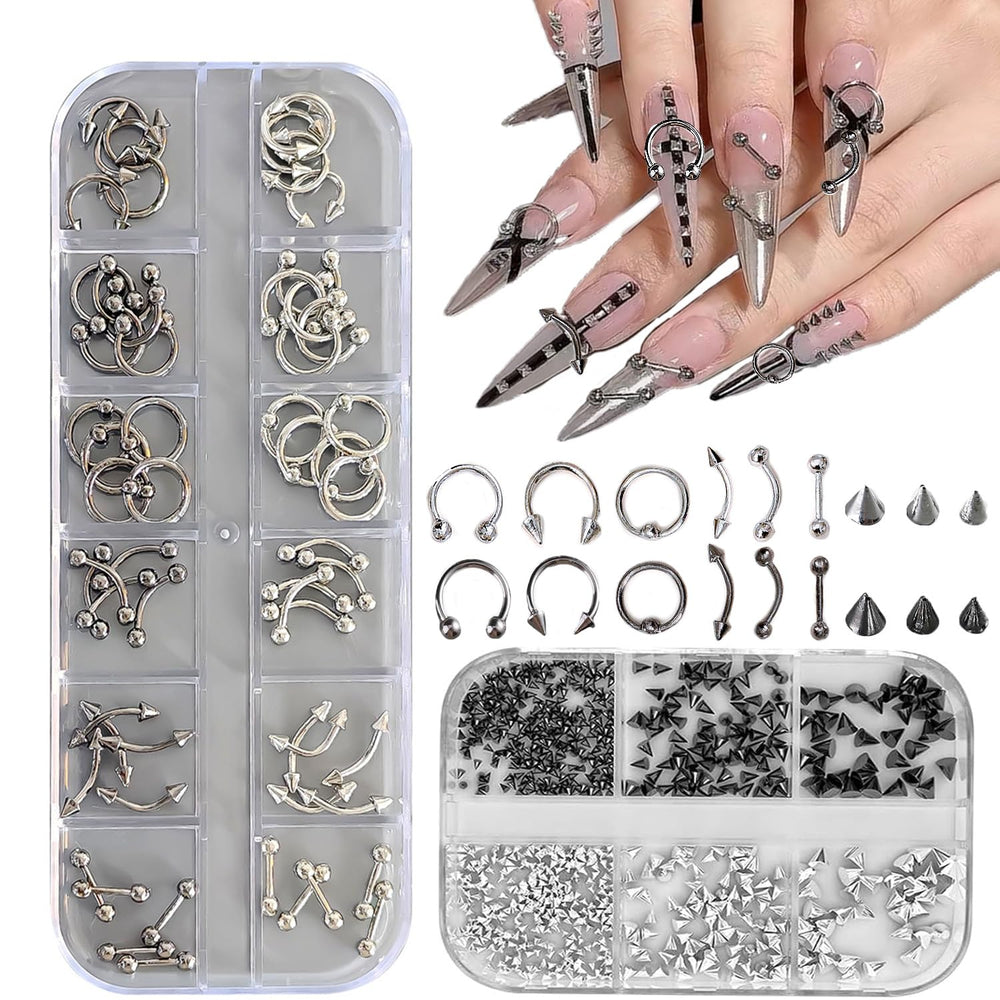 KACHIMOO nail piercing charms set in silver and black for chic punk nail art.