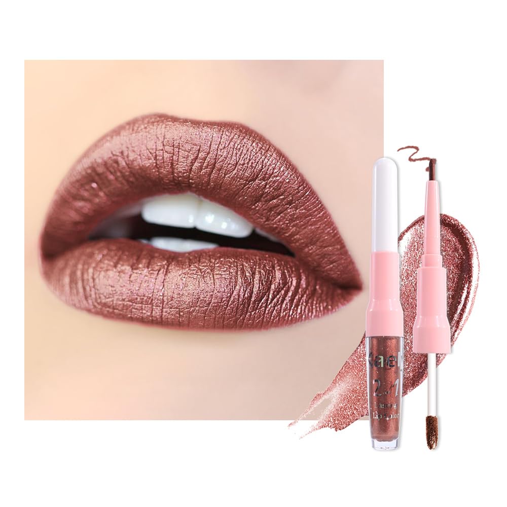 Kaely 2in1 brown metallic lipstick and lip liner dual-ended for precise, long-lasting definition.