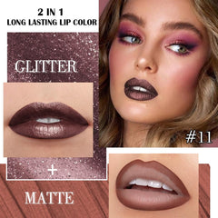 Kaely dual-ended application close-up shows lip liner and metallic lipstick for easy use.