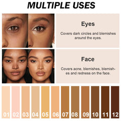 Kaely color correcting concealer collection with 12 shades for customizable concealment.