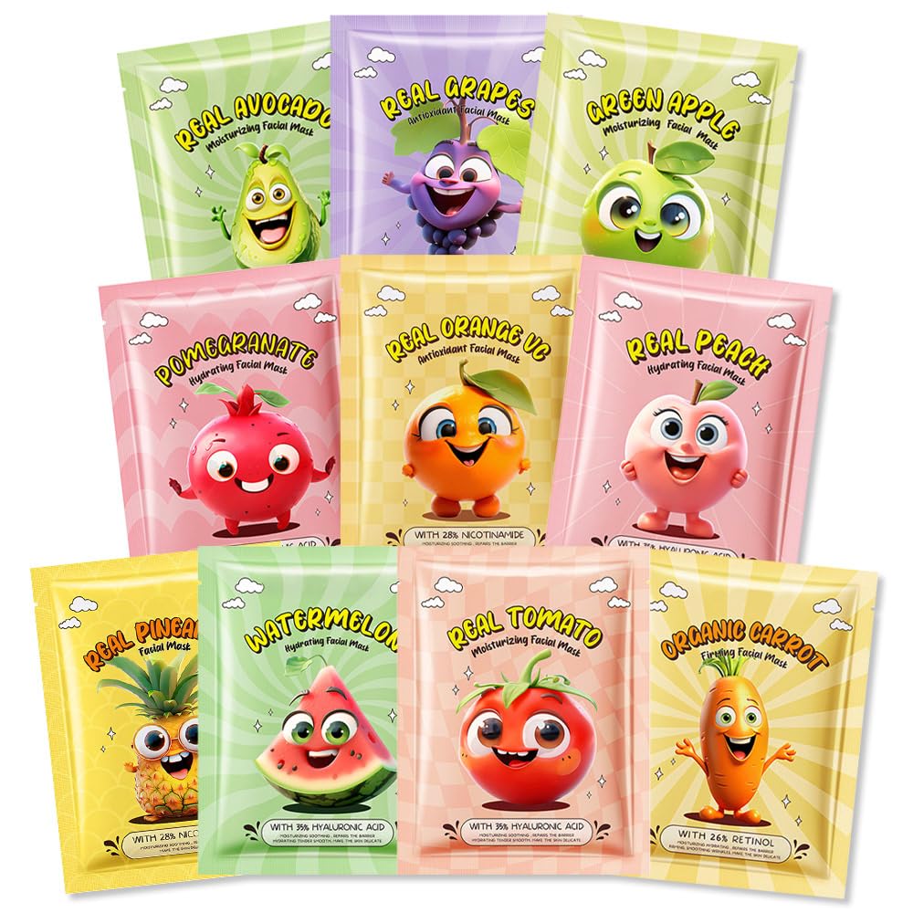 Kaely fruit face masks 10-pack packaging, ideal for kids' spa day routines.