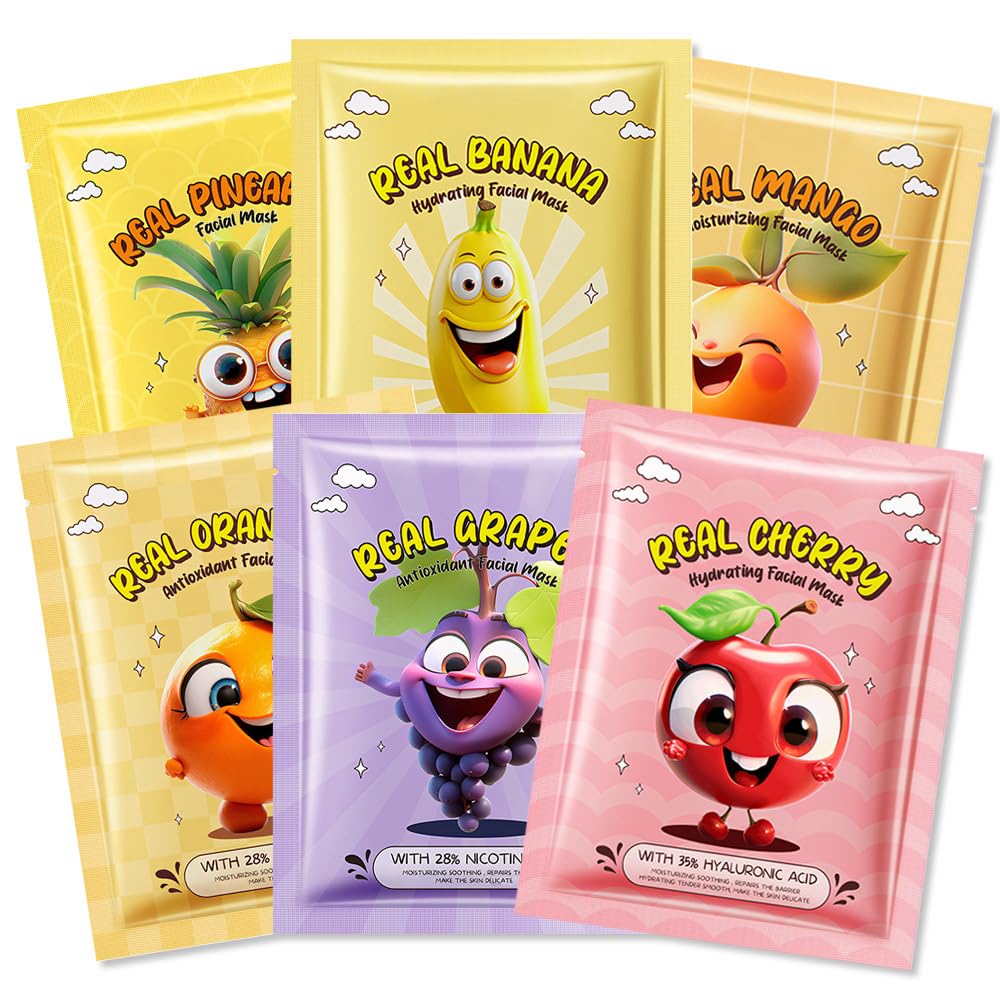 Kaely fruit face masks for kids, close-up of colorful sheets, moisturizing hydration.