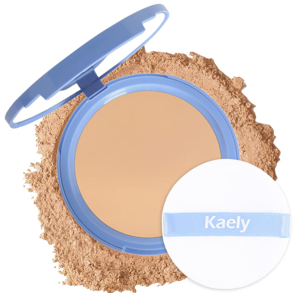 Kaely pressed face powder compact for portable touch-ups and a mattified finish.