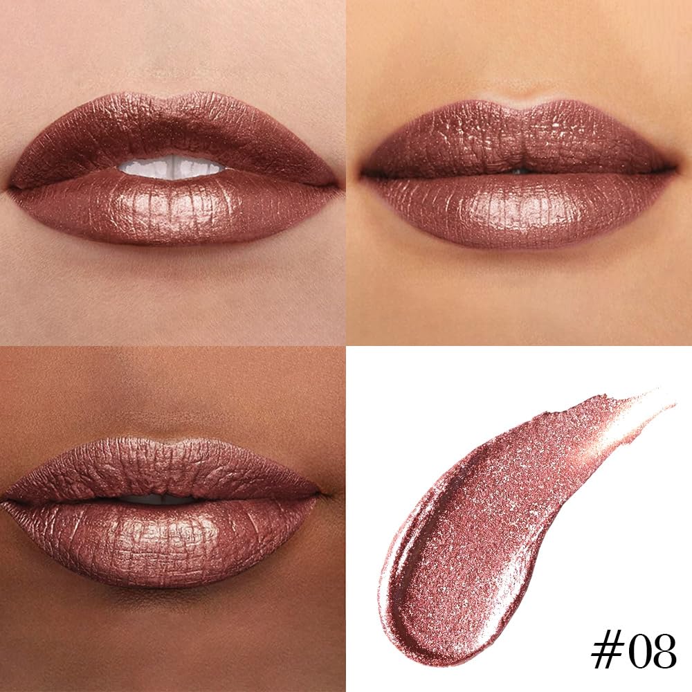 Kaely shimmer pearlescent lip application highlighting glamorous lip color.