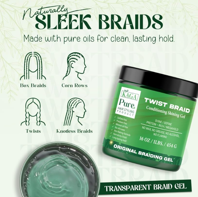 KAGA Pure O Natural Neatbraid gel on hair delivering strong hold for braids.