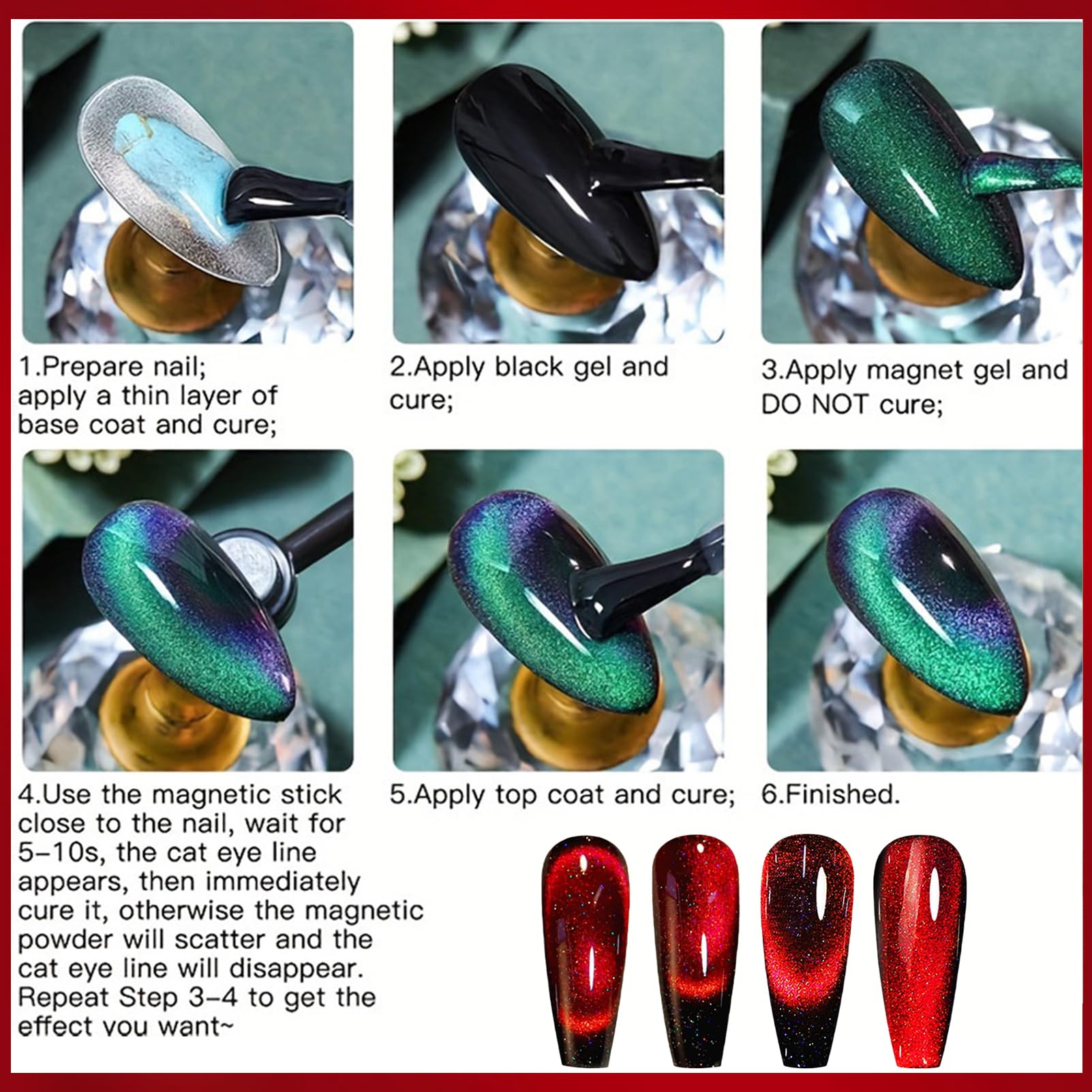 KAHSOSE red cat eye polish on nails with base/top coat compatibility.