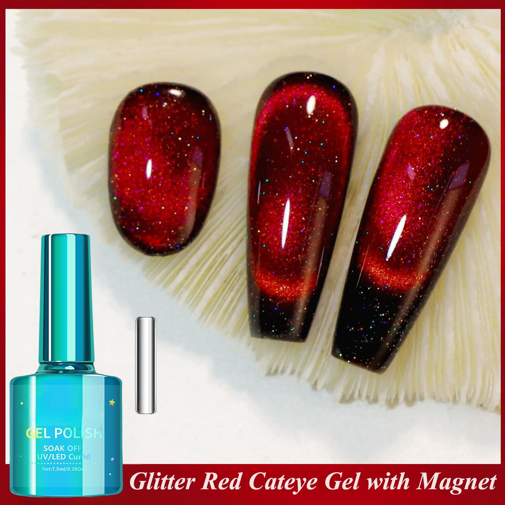 KAHSOSE magnetic red nail polish on nails with glittering cat eye shimmer.