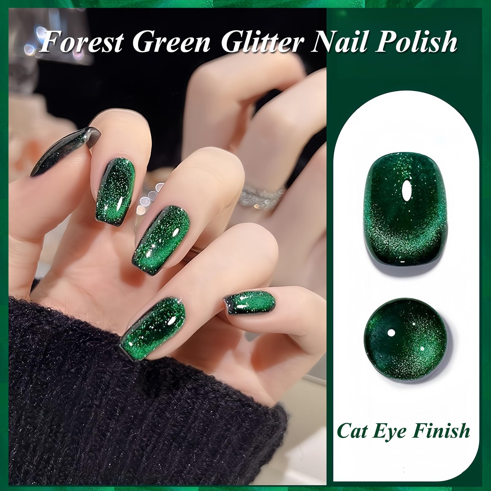 KAHSOSE holographic cat-eye glitter detail in emerald polish