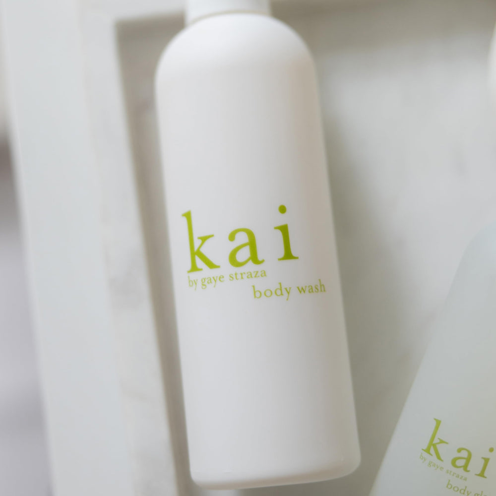 Kai recyclable packaging with 8 oz foaming body wash and signature gardenia scent.