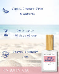 Kailuna Co. Baby Powder Mist label featuring rose-geranium notes.