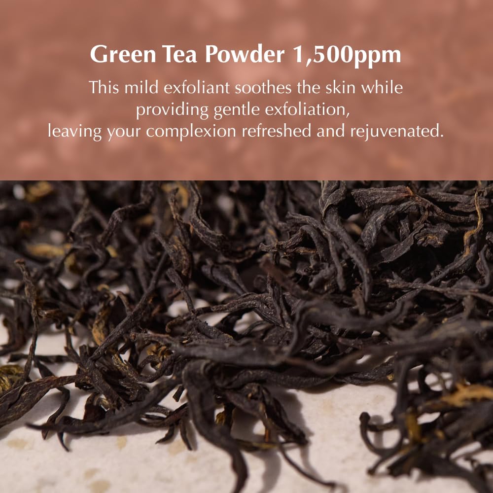 KAINE Kombu Hydrating Daily Cleanser close-up shows green tea flakes for refreshing pores.